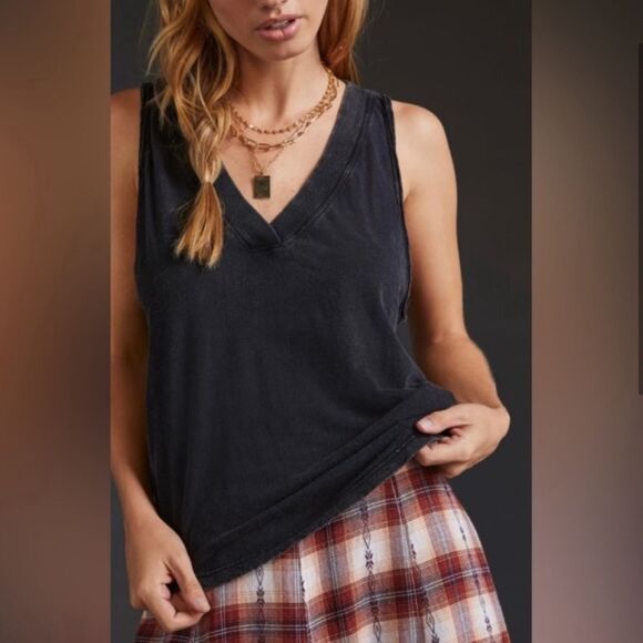 Anthropologie Daily Practice Ritchie V-Neck Tank Top Black Acid Wash - Picture 1 of 9